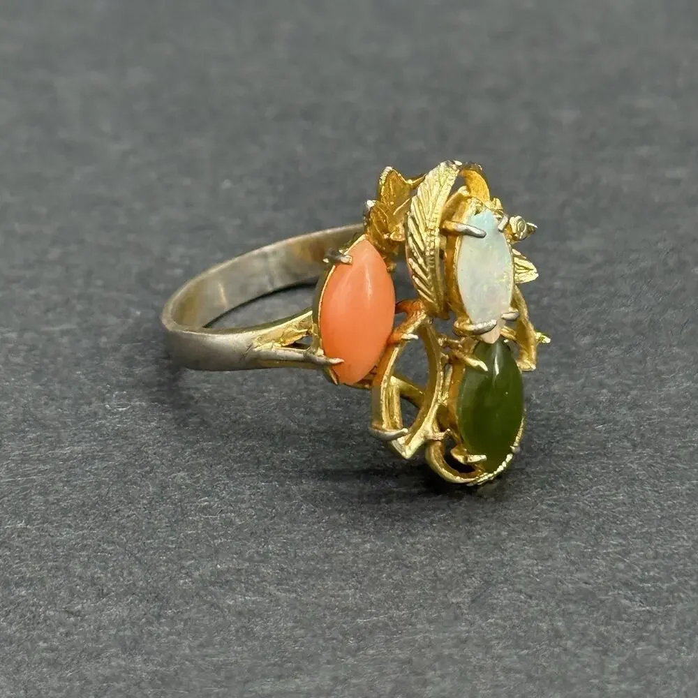 Vintage 14K GF Opal Coral Jade Marquise Multi-Stone Floral Bypass Ring Size 9
